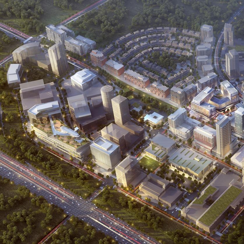 aerial rendering of the Downtown Markham master plan showing buildings of varying sizes and shapes, surrounded by greenfields