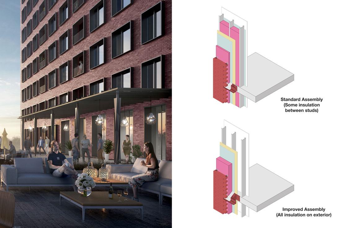 rendering of CG Tower's exterior amenity beside two coloured details showing a standard assembly with insulation between studs and the better alternative with all insulation on the exterior