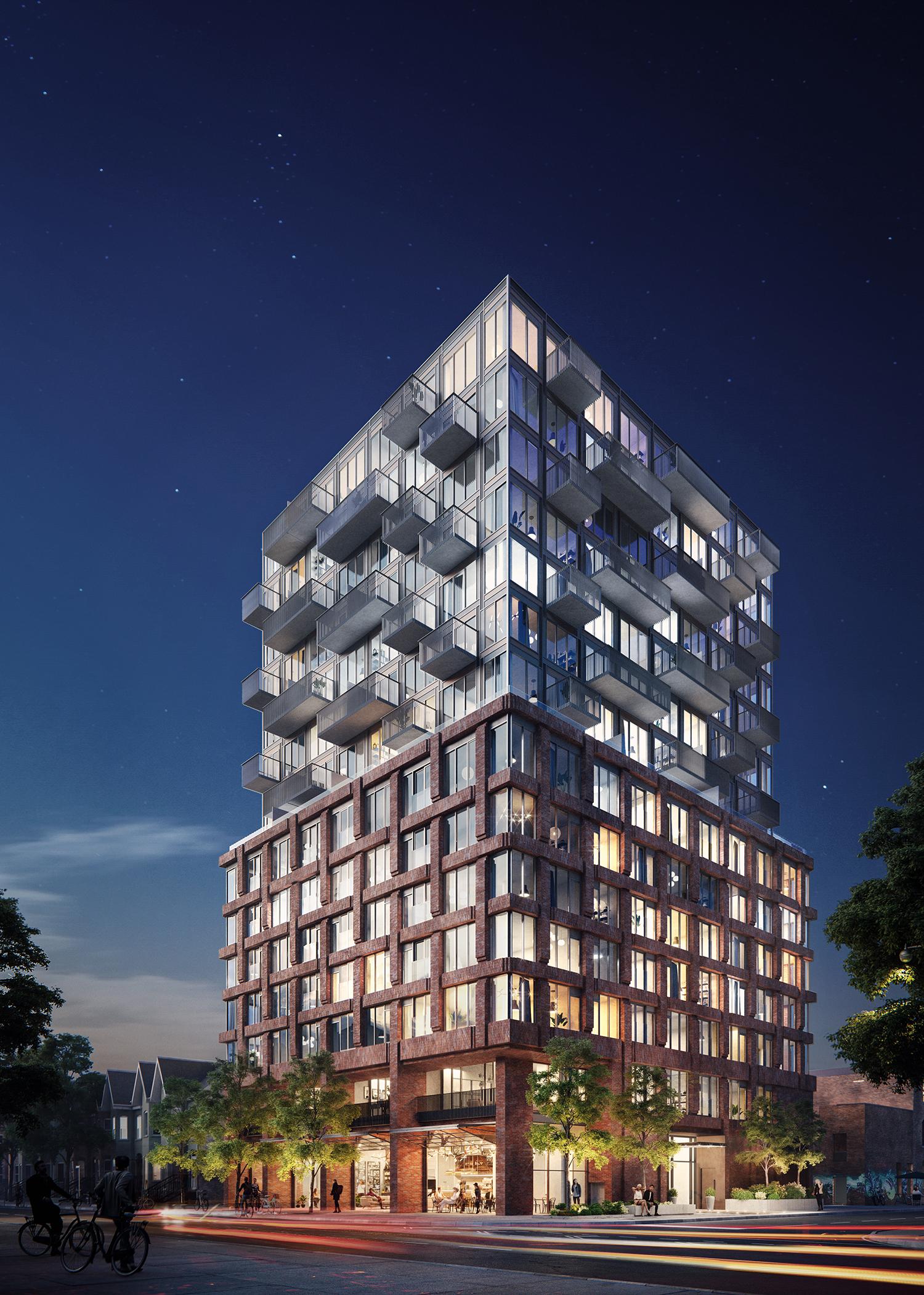 architectural rendering of a 15-storey condo with red brick woven pattern podium and glazing and protruding balconies on the upper portion