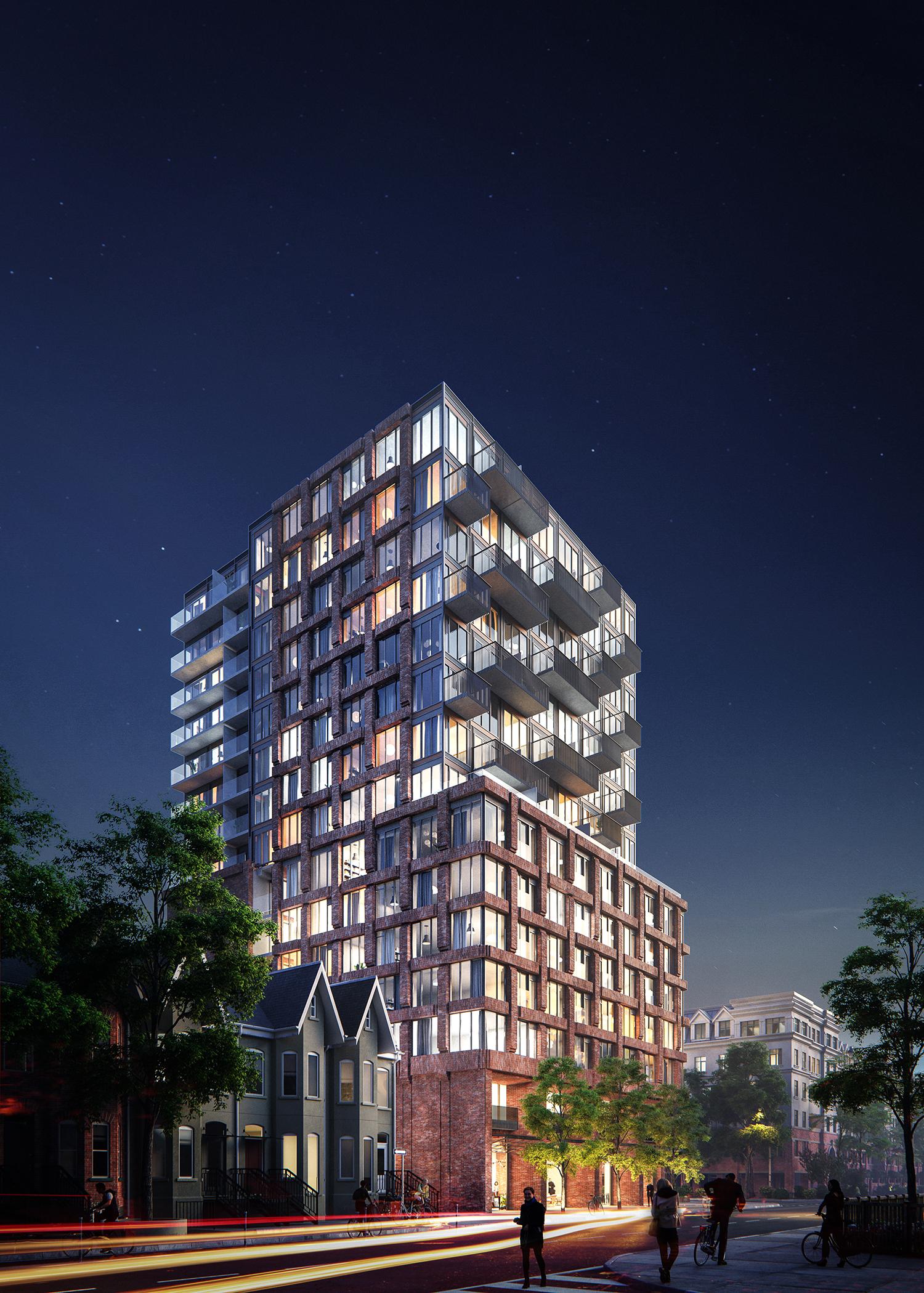 architectural rendering of a 15-storey condo with red brick woven pattern podium and glazing and protruding balconies on the upper portion of the north and south facades 