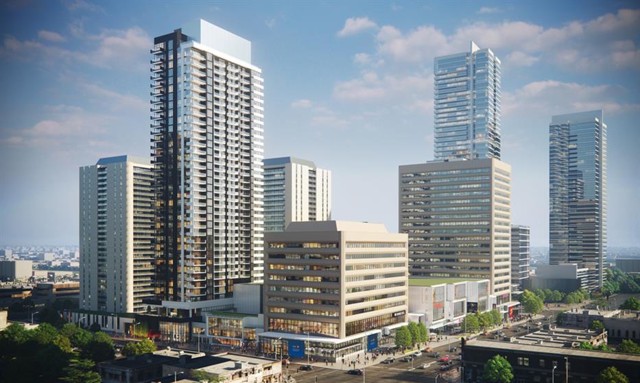 a rendering of the Yonge Sheppard Centre redevelopment, an external view showing both podium and towers