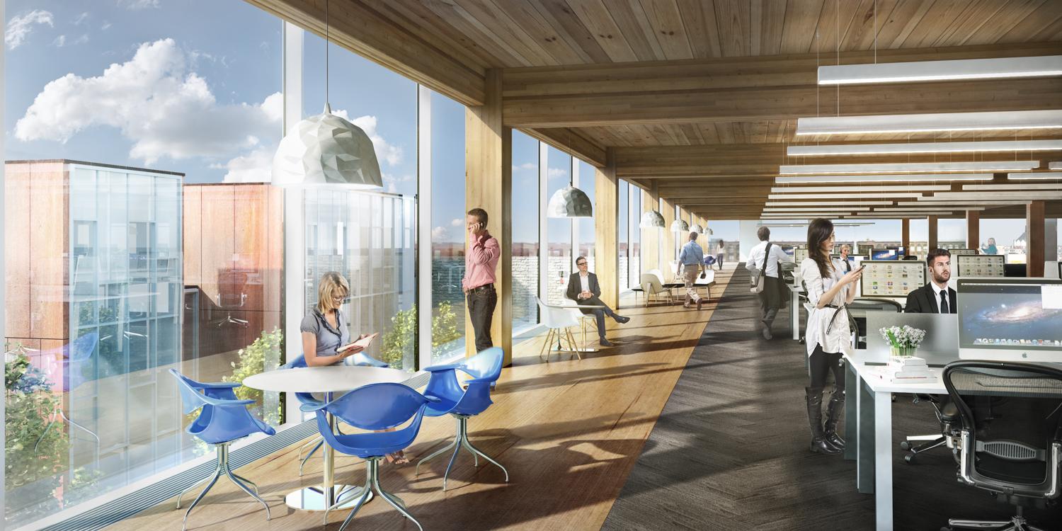 rendering of office space inside 80 Atlantic showing the exposed wood and floor to ceiling glazing