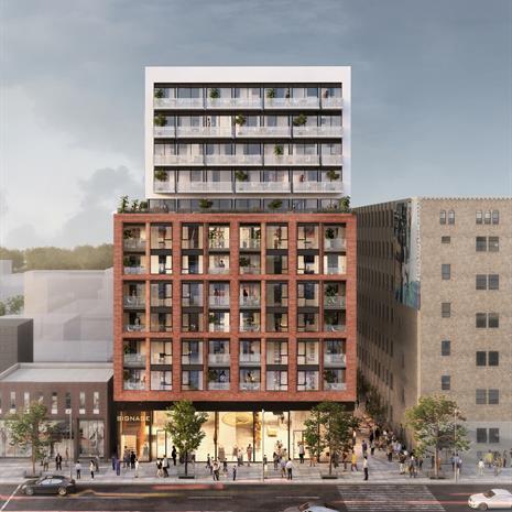 rendering of a 12-storey condo on a busy urban stretch with double-height glazed retail at grade, 6 storeys framed in red brick with inset balconies, and the top 4 floors set back with white cladding