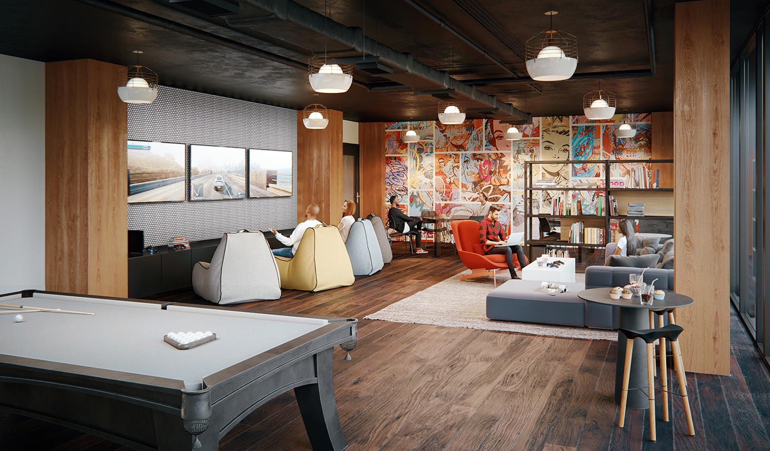 rendering of a games room in 700 Bay, showing colourful pop art wall, pool table, and comfy lounge chairs in front of video game screens