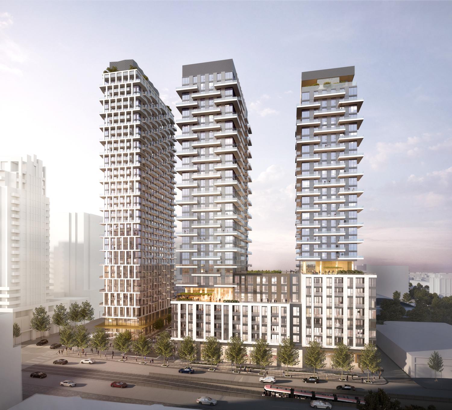 rendering of three residential towers atop a shared podium overlooking a park