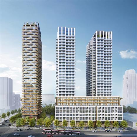 rendering of three residential towers atop a shared podium overlooking a park