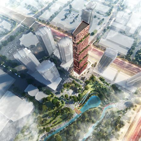 Aerial rendering of a distinctive copper coloured high-rise with lush green terraces adjacent to a park