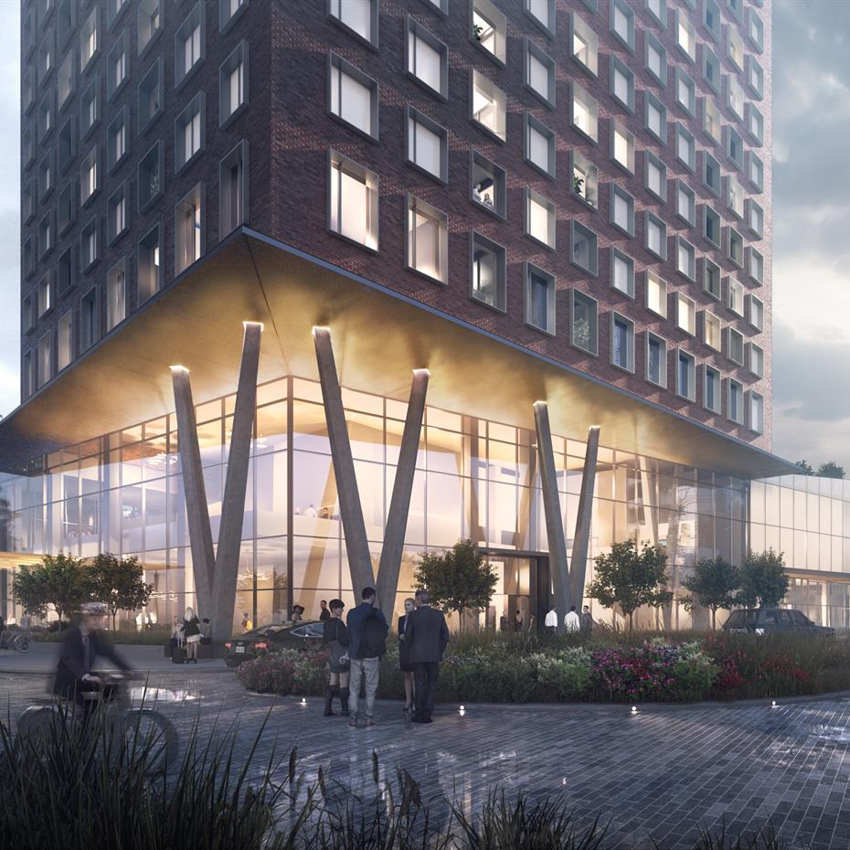 rendering of the entrance to brick condo building CG Tower showing a set back glazed retail podium