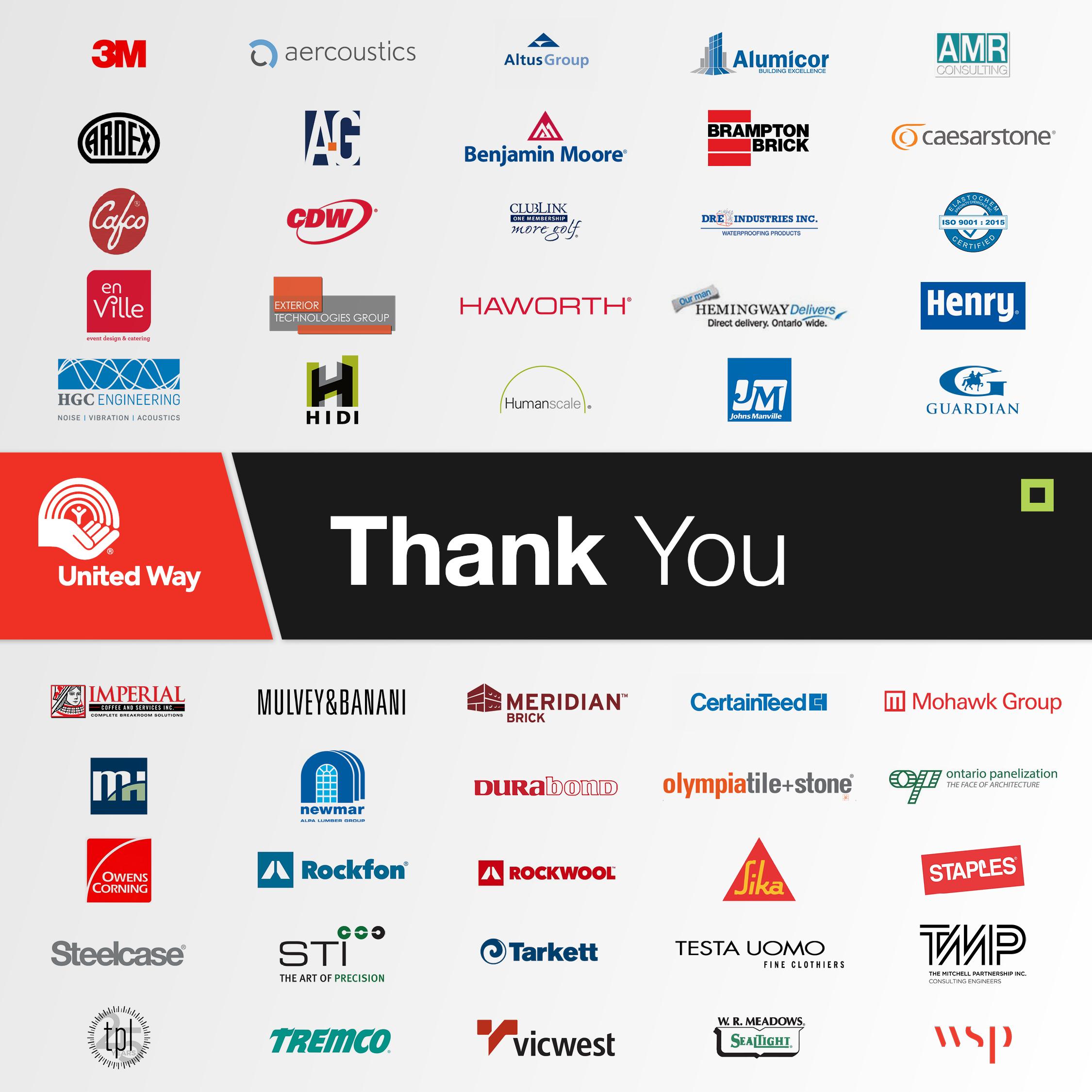 United Way and Quadrangle logos with the words Thank you and the logos of 40 plus companies who donated to the campaign