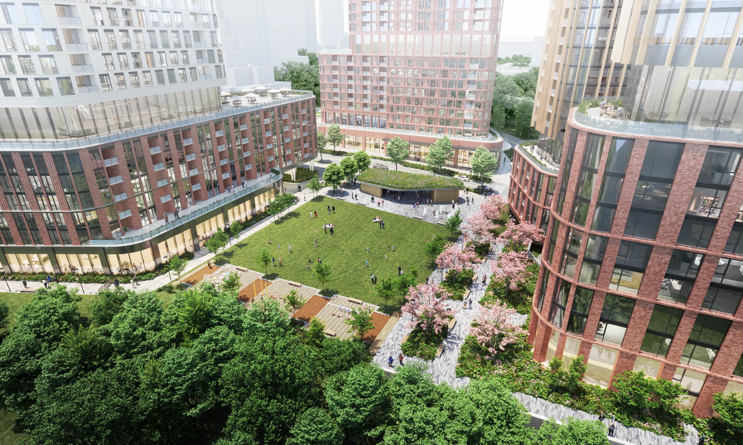 Birdseye view rendering of Eglinton and Leslie courtyard and park space