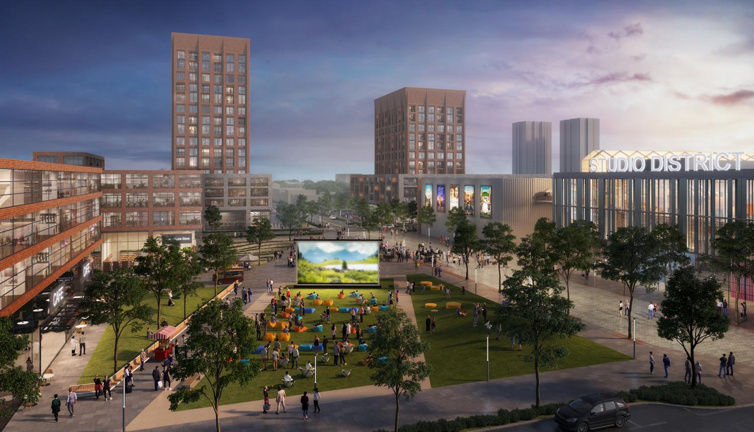 rendering of a vibrant public gathering area with colourful seating and a large outdoor movie screen, surrounded by office buildings, residential towers and film production space