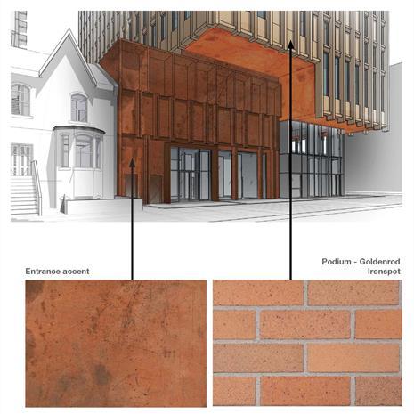 rendering of high rise condominium entrance highlighting copper and brick details 