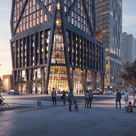 rendering viewed from the sidewalk of a condo tower with double-height glazed retail at grade with angled dark-clad columns