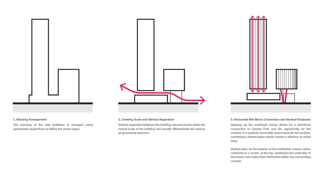 diagram showing three outlines of the building massing with one tall tower and one shorter tower