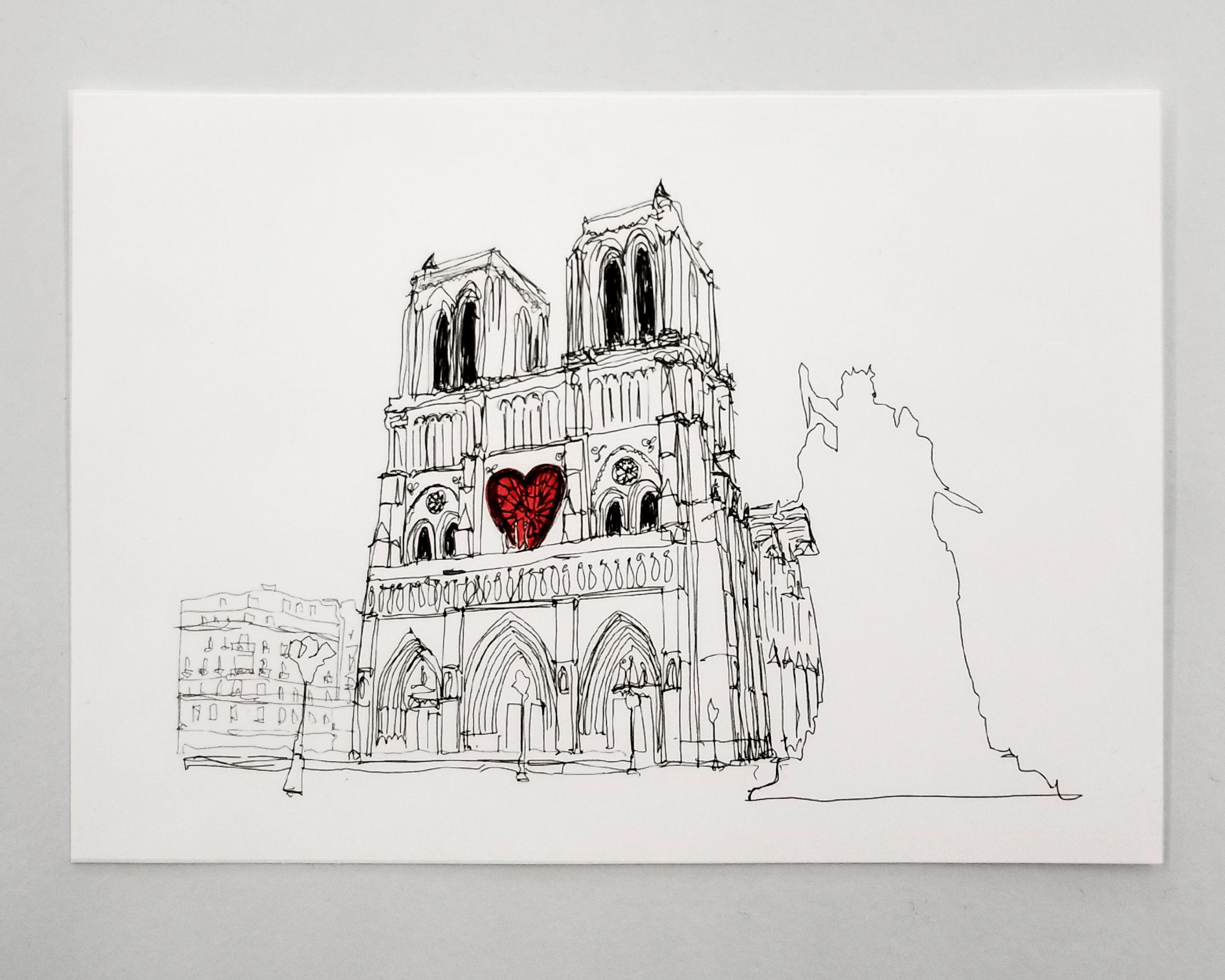 sketch of Notre Dame with a heart in the middle