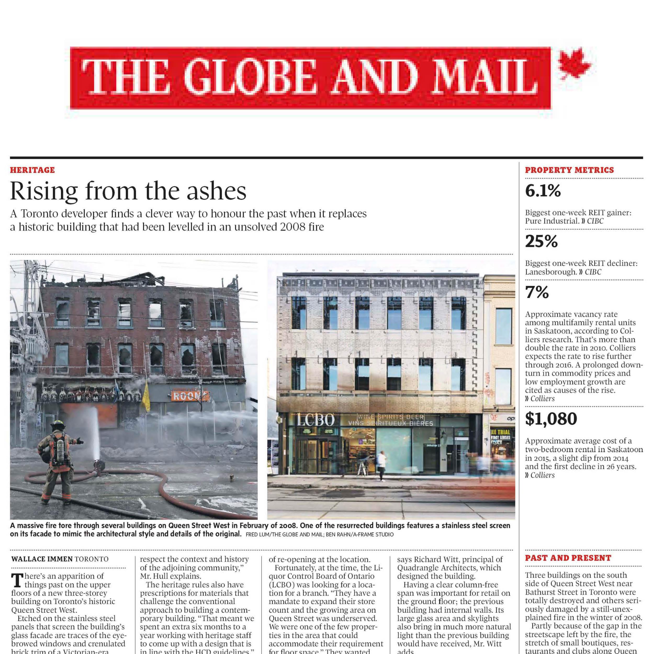 The Globe and Mail logo above a photo of 619 Queen damaged by fire and a photo of the new building