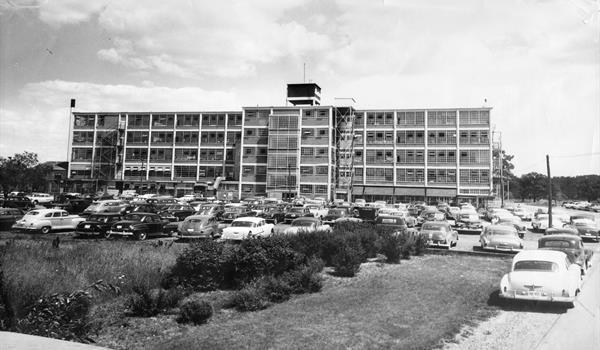 black and white photo of the Bata Shoe Factory in 1955