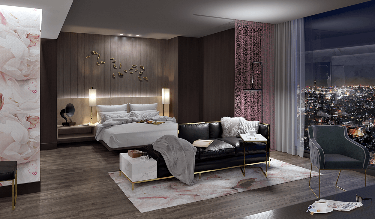 a luxurious hotel suite with generous clearances, pink floral wallpaper and rug, dark wood flooring and walls and floor-to-ceiling windows overlooking a city at night