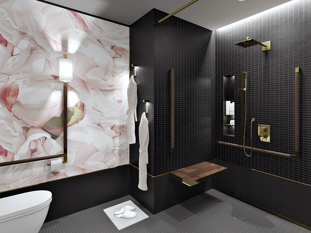 rendering of a bathroom with black tiles in the roll-in shower, a wooden bench and grab bars with polished brass details, and pink floral wallpaper