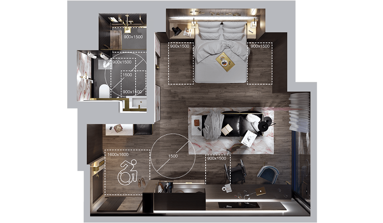 aerial rendering of a hotel suite showing the floor plan and dimensions of clearances and turning circles throughout