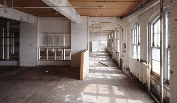 inside a former factory during building restoration, showing exposed white brick and wooden floor