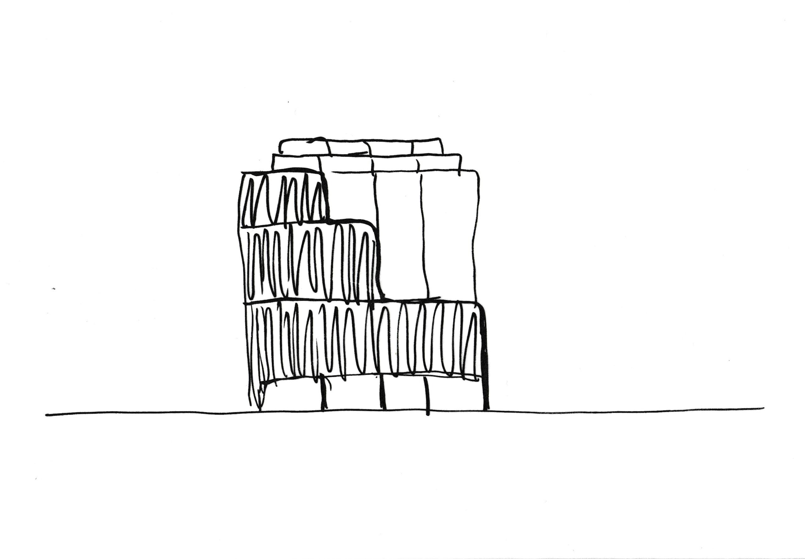 early concept sketch of Biblio showing block patterned facade rather than the current arches