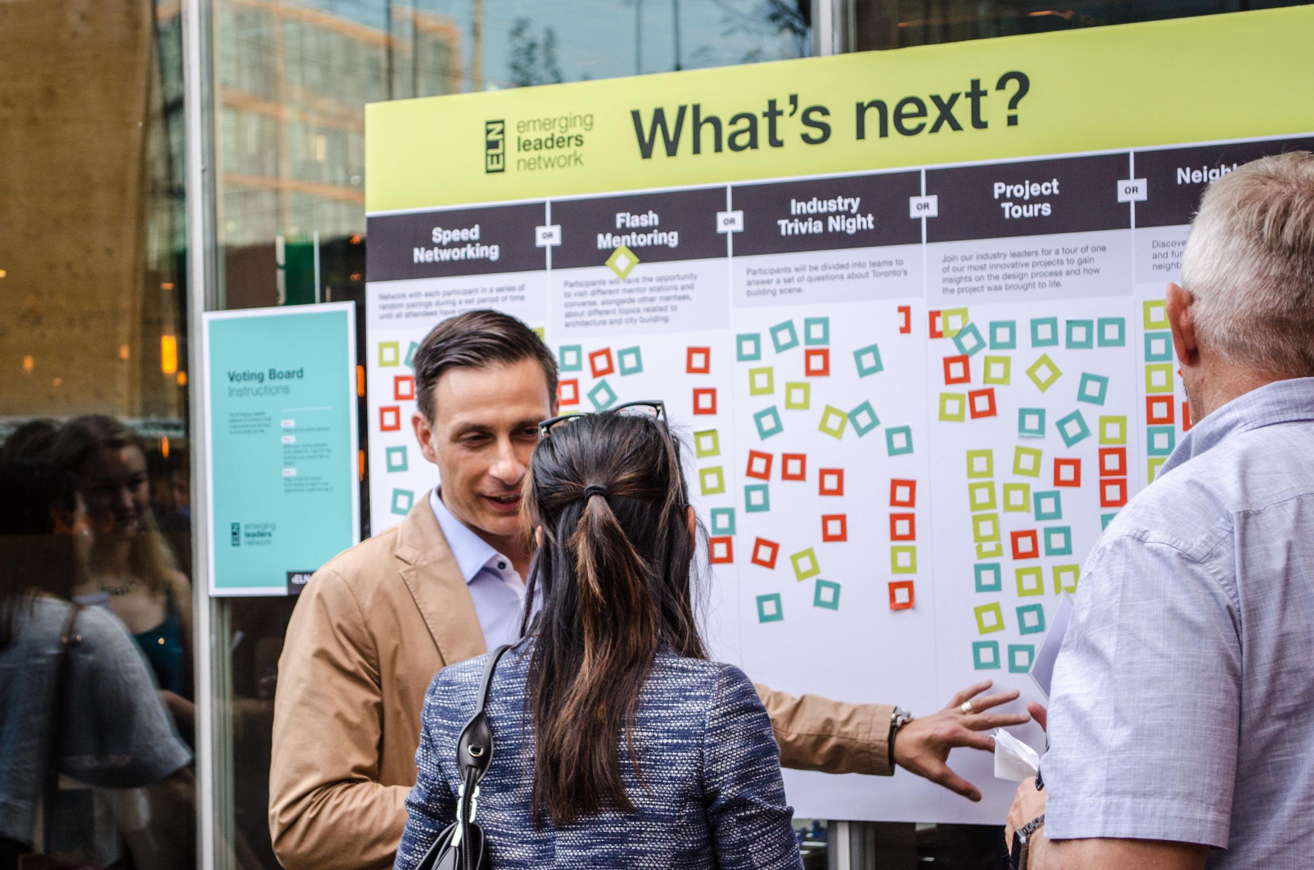a man and a woman chat while standing in front of a board where guests could vote on what kind of networking events they would like to attend in future