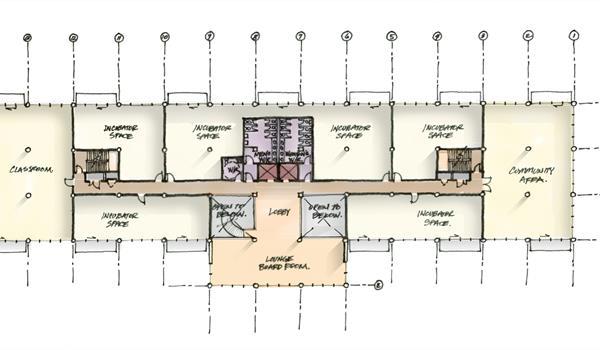 architectural sketch of the ground floor plan of the proposed Bata Shoe Factory Renovation