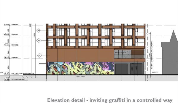 elevation drawing showing the graffiti wall that will be incorporated into the ground floor facade of RUSH Condos