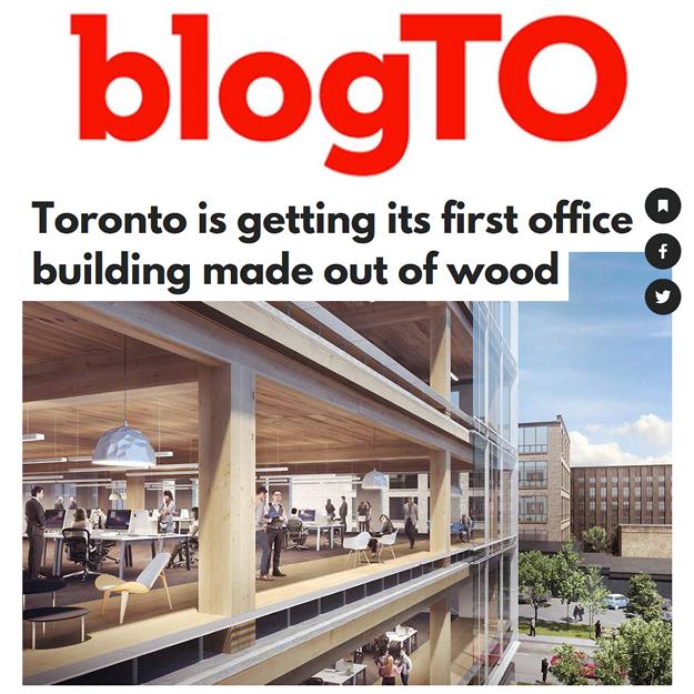 blogTO logo and headline "Toronto is getting its first office building made out of wood" above a rendering showing the wood interiors of 80 Atlantic