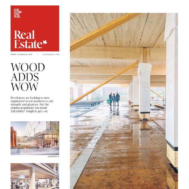 cover spread of the Globe and Mail real estate section with pictures of 80 Atlantic's wood building under construction