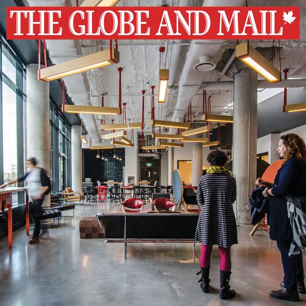 The Globe and Mail logo superimposed overtop a lounge area in Artscape Daniels Launchpad