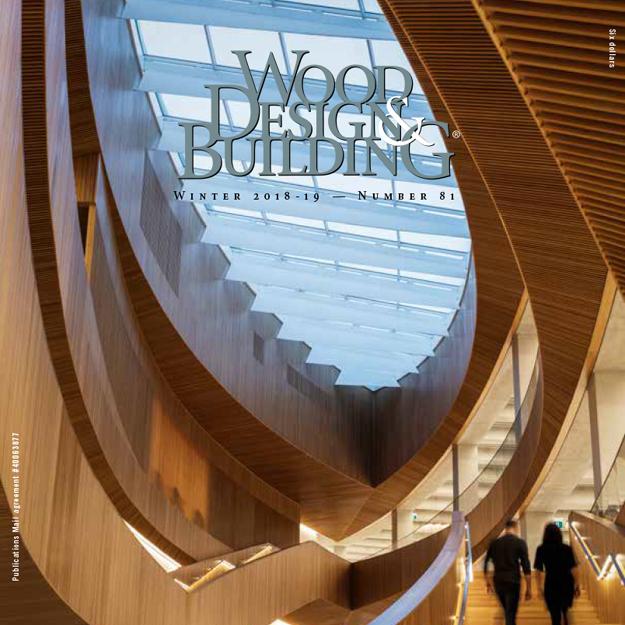 cover of Wood Design and Building magazine, looking up a spiral staircase made of wood