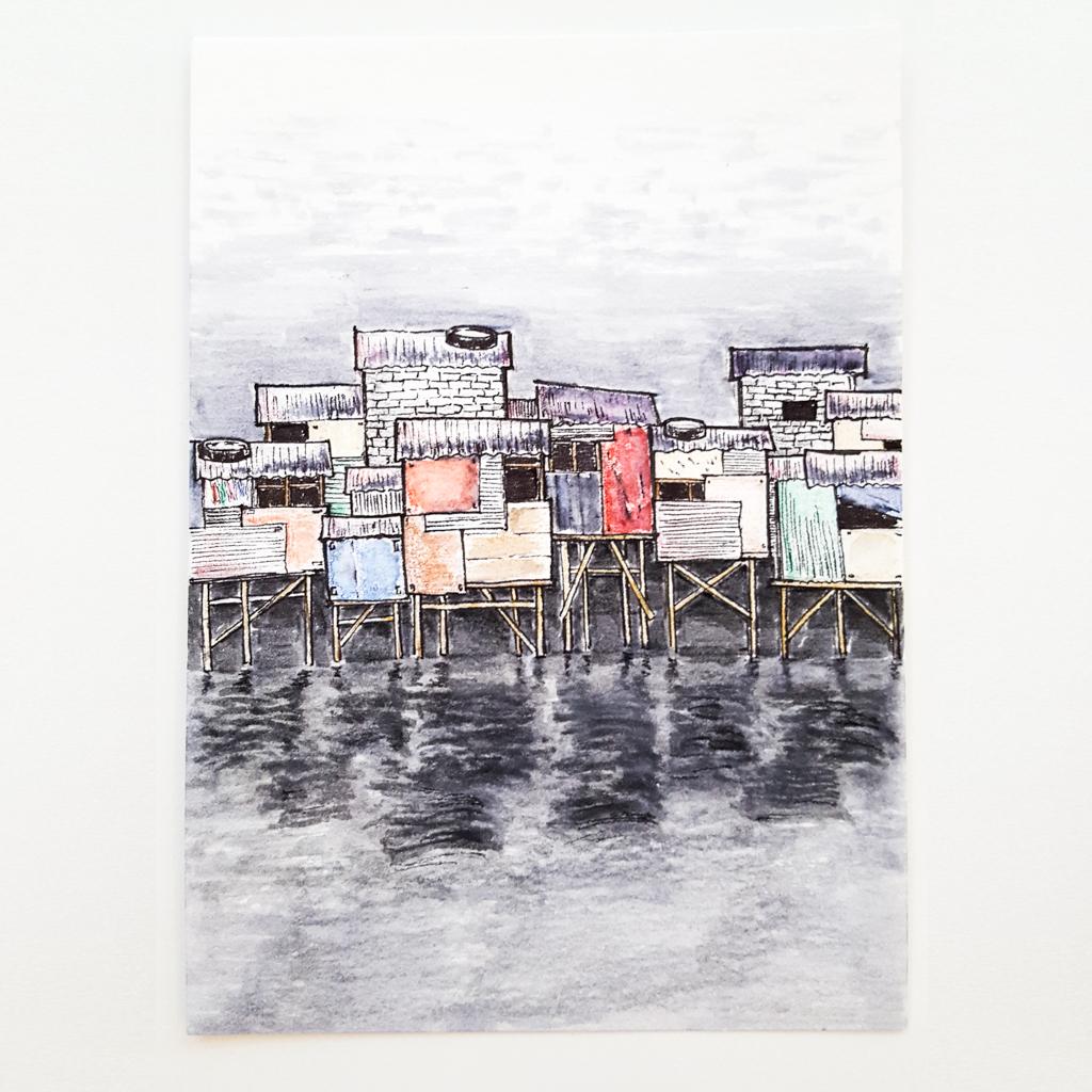 coloured pencil sketch of shanty houses on stilts reflected in water below