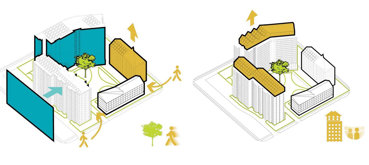 diagrams from the Modular Affordable Housing competition showing how to build additional units on top of existing residential buildings