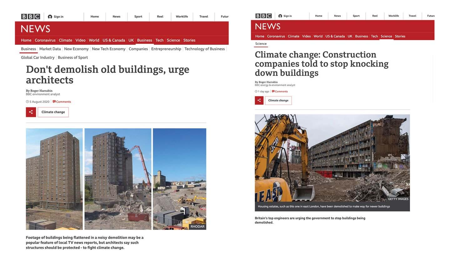 two screenshots of BBC news articles with headlines urging against demolishing older buildings