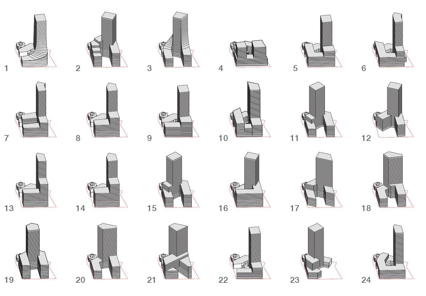 24 iterations of the same massing of a tower and podium on an irregular shaped site