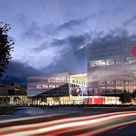 rendering of the fully glazed exterior of Maison Radio-Canada content media office headquarters