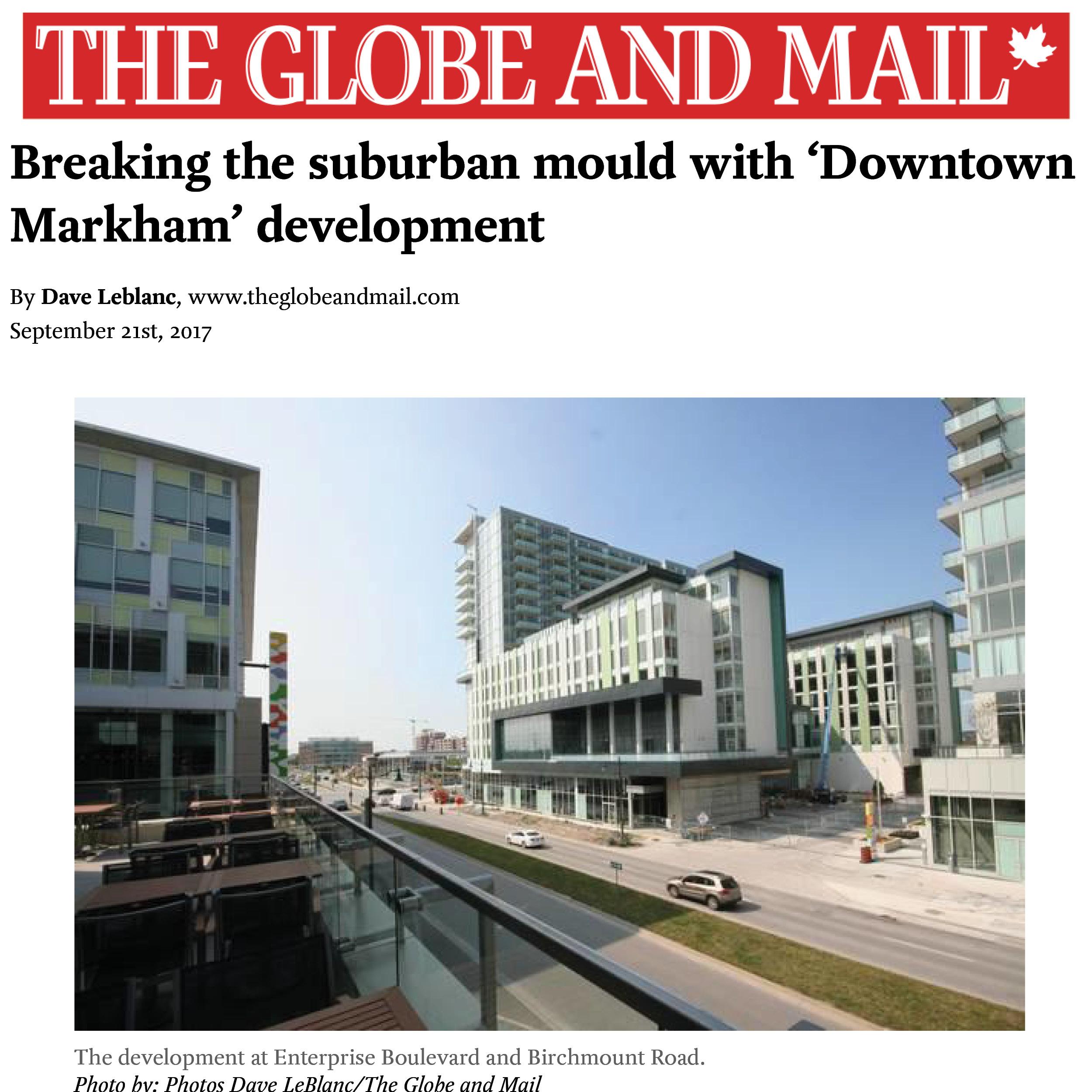 Globe and Mail article about Downtown Markham