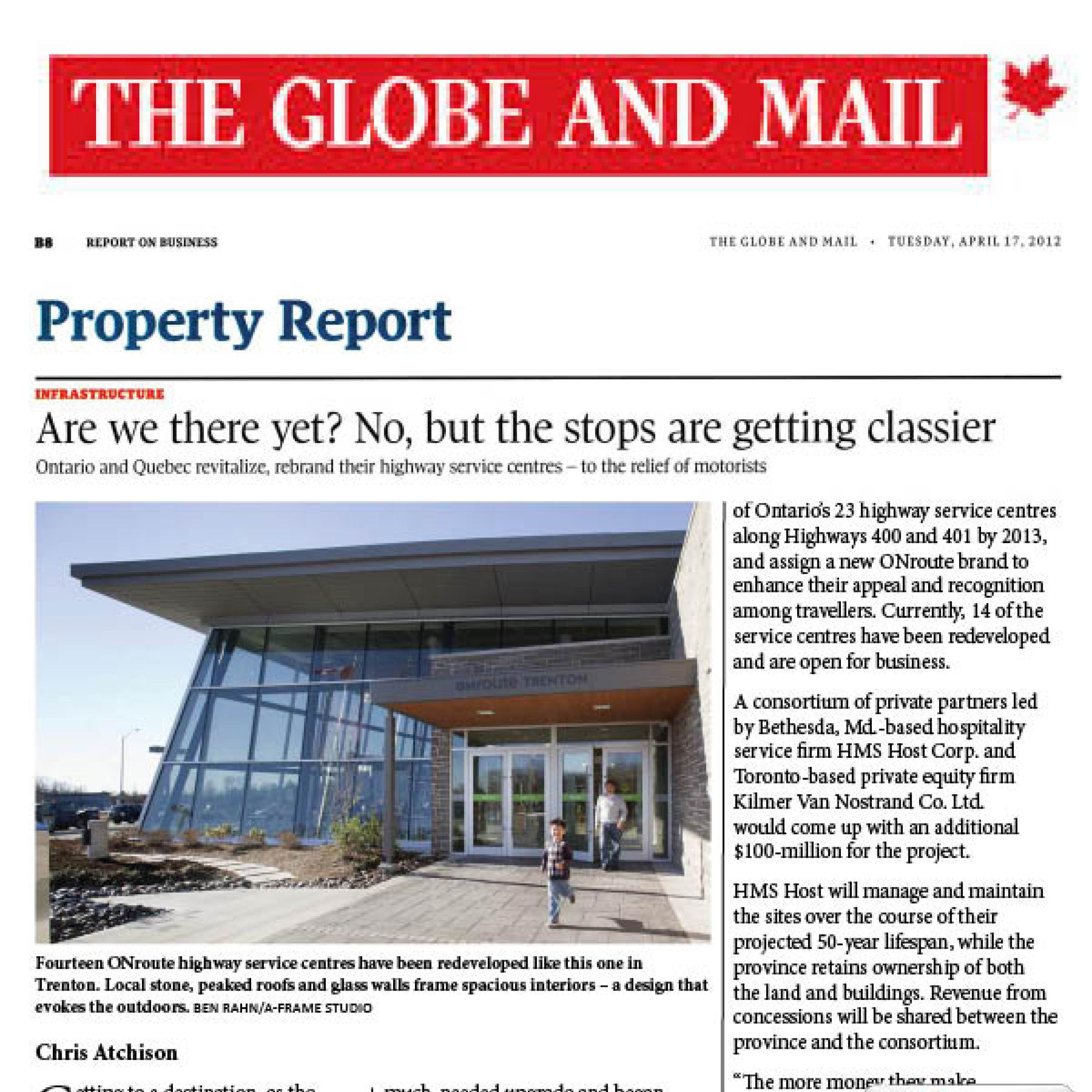 Globe and Mail article about ONroute Service Centres