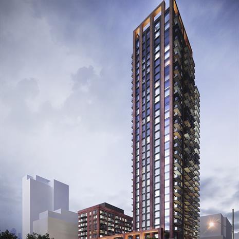 rendering of a condominium with two towers atop a common podium, one short one tall, clad in red brick with protruding balconies