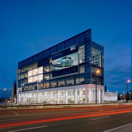 Fa&#231;ade of BMW Toronto and the Don Valley Parkway.