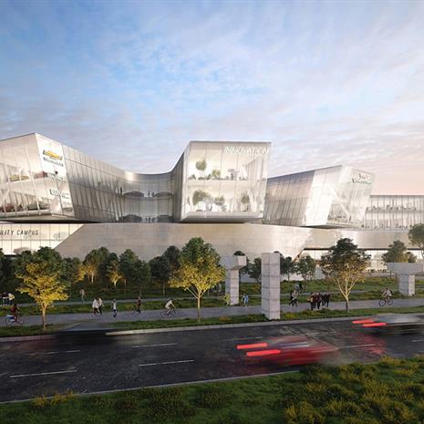rendering of the shining GM Mobility Campus building, showing three glazed protruding wings on top with cars visible inside, and old Gardiner Expressway columns in front of the building