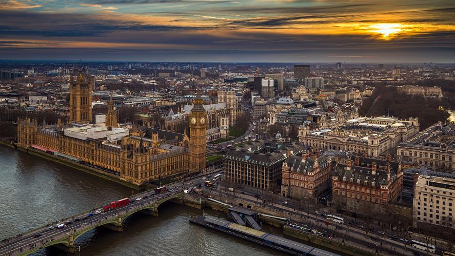 Palace of Westminster and Big Ben viewed from the air in London